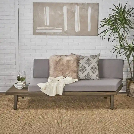 Canapé simple en bois et en tissu sur la gauche