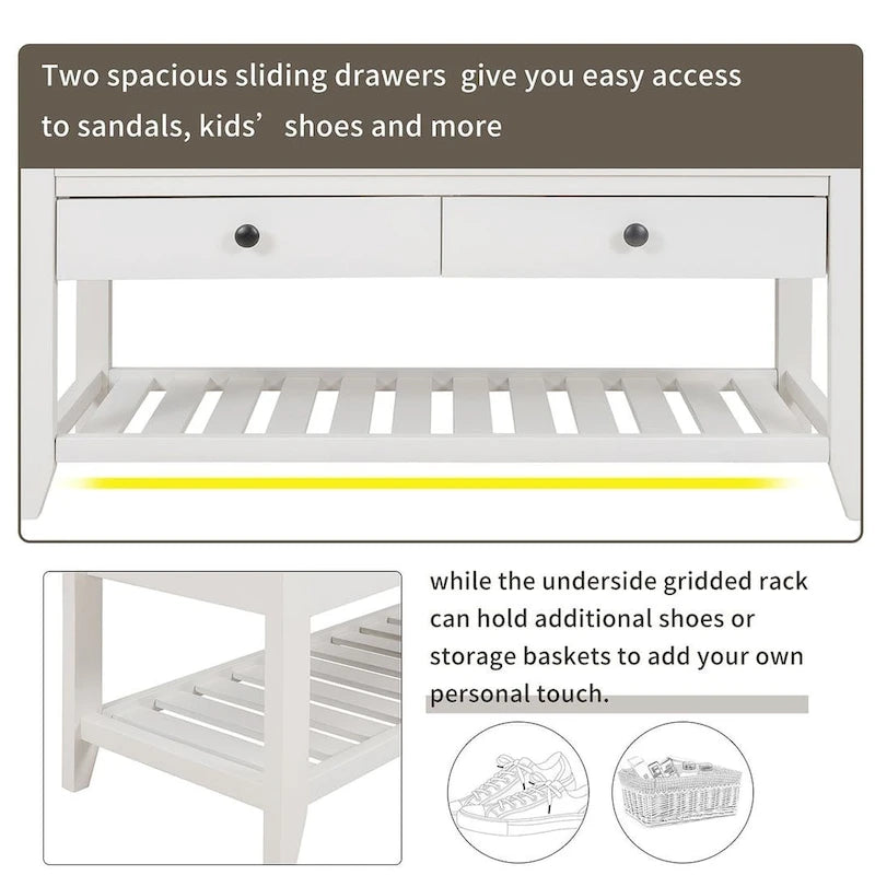 Banc de rangement polyvalent d'entrée de ferme 39 avec 2 tiroirs et 1 étagère à chaussures