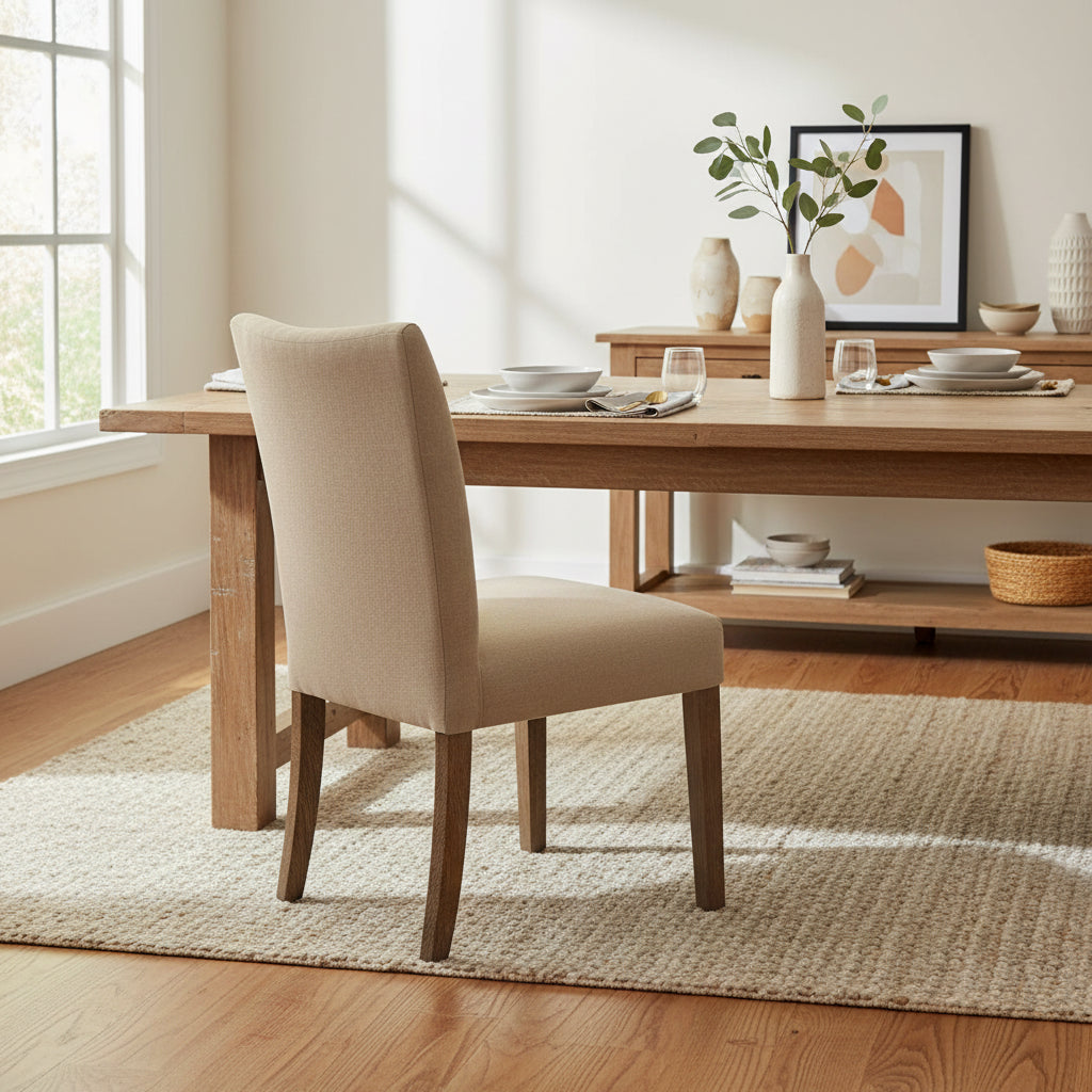 Zeus Dining Side Chair Set of 2, Beige Fabric, Brown Tapered Legs