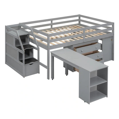 Lit mezzanine double avec bureau rétractable et 3 tiroirs, lit mezzanine en bois avec escalier de rangement et étagères