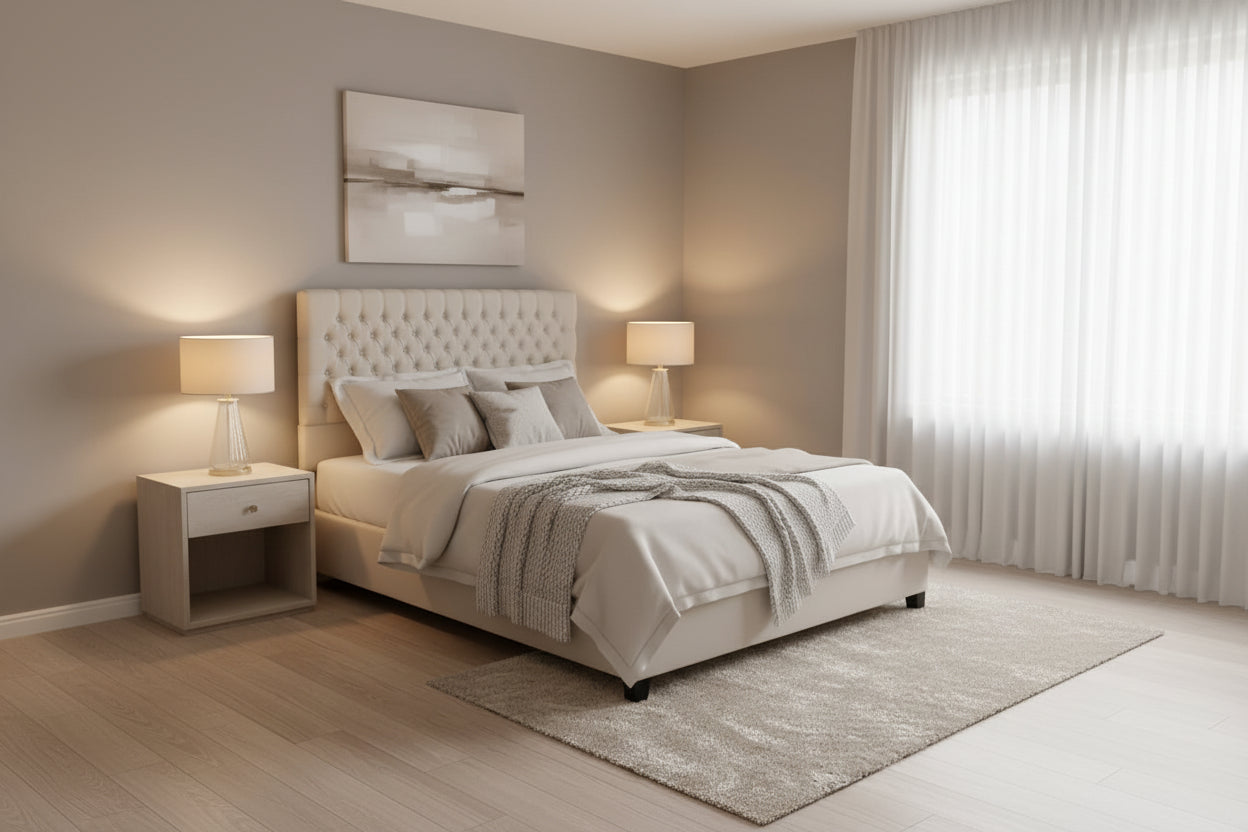 Amare Platform Queen Size Bed, Ivory White Polyester, Button Tufting