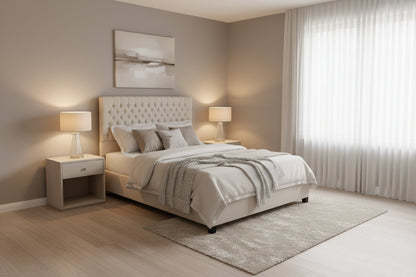 Amare Platform Queen Size Bed, Ivory White Polyester, Button Tufting