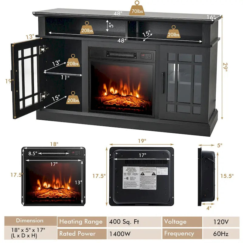 Meuble TV console de 48 po avec foyer intégré – 48 x 16 x 30