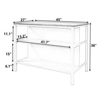 Îlot de cuisine rustique fixe en bois massif de 114 cm, table à manger et de préparation en bois d'hévéa avec deux étagères ouvertes.
