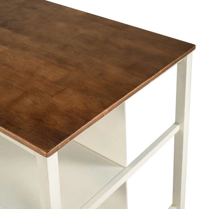 Îlot de cuisine rustique fixe en bois massif de 114 cm, table à manger et de préparation en bois d'hévéa avec deux étagères ouvertes.