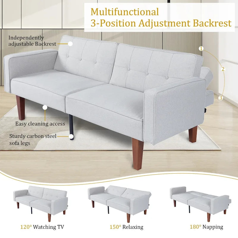 Canapé-lit convertible 2 places de 173 cm avec dossier réglable capitonné, 5 couleurs au choix - 57,00P x 173,00L x 73,00H cm