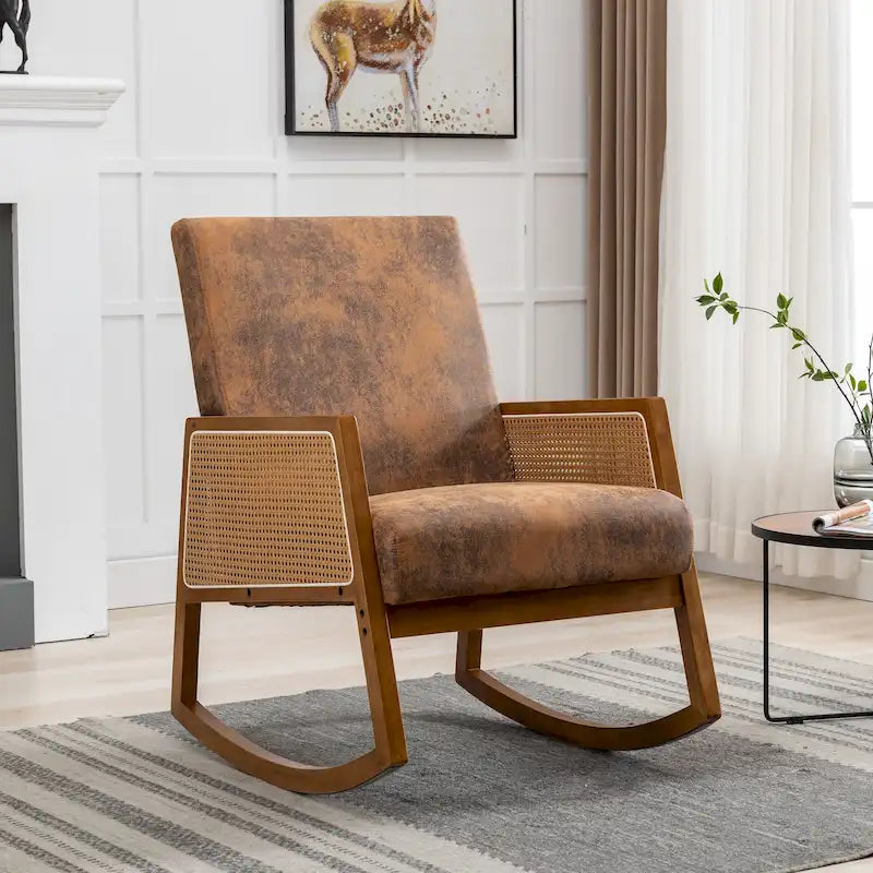 Fauteuil à bascule moderne en cuir PU avec accoudoirs en rotin