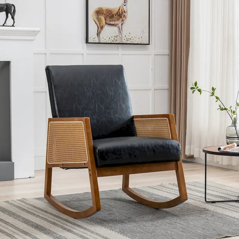 Fauteuil à bascule moderne en cuir PU avec accoudoirs en rotin