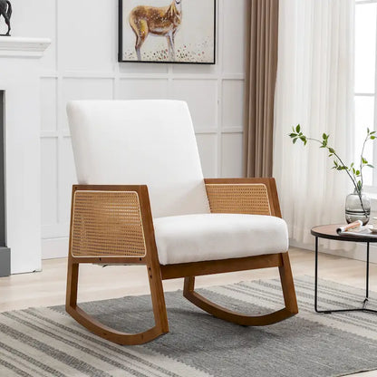 Fauteuil à bascule moderne en cuir PU avec accoudoirs en rotin