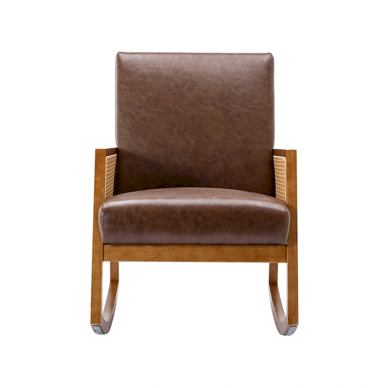 Fauteuil à bascule moderne en cuir PU avec accoudoirs en rotin