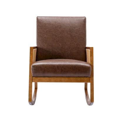 Fauteuil à bascule moderne en cuir PU avec accoudoirs en rotin