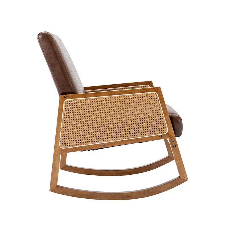 Fauteuil à bascule moderne en cuir PU avec accoudoirs en rotin