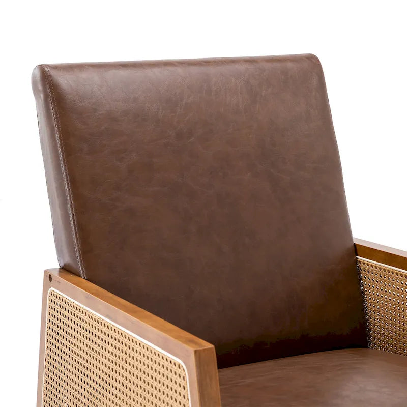 Fauteuil à bascule moderne en cuir PU avec accoudoirs en rotin