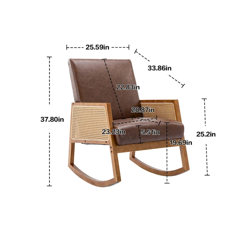 Fauteuil à bascule moderne en cuir PU avec accoudoirs en rotin