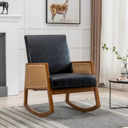 Fauteuil à bascule moderne en cuir PU avec accoudoirs en rotin
