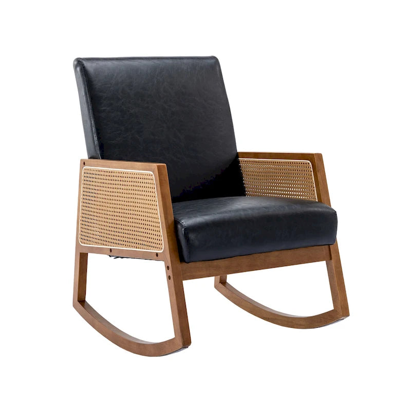 Fauteuil à bascule moderne en cuir PU avec accoudoirs en rotin