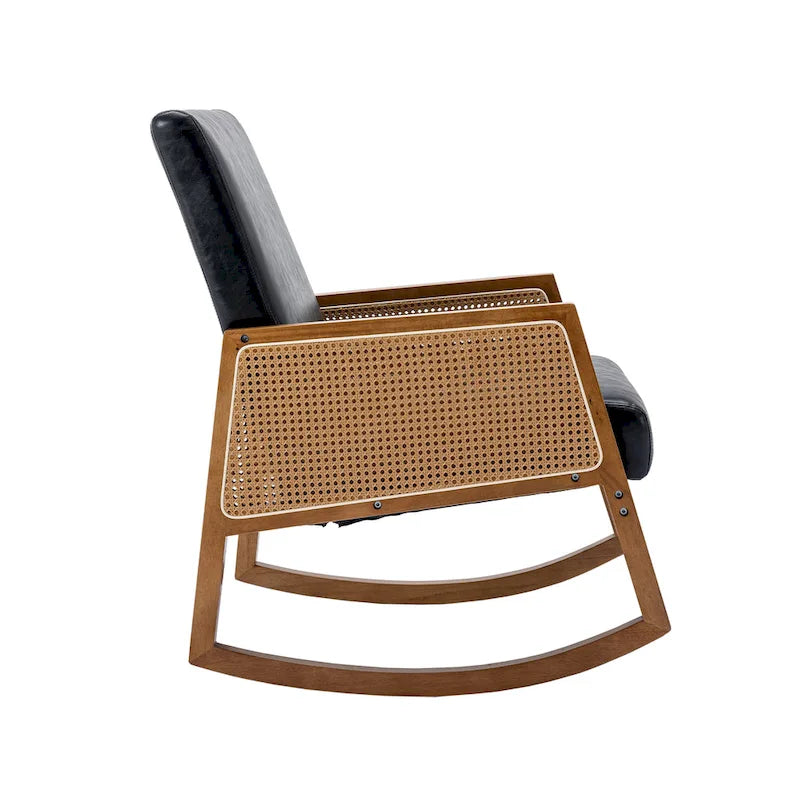 Fauteuil à bascule moderne en cuir PU avec accoudoirs en rotin