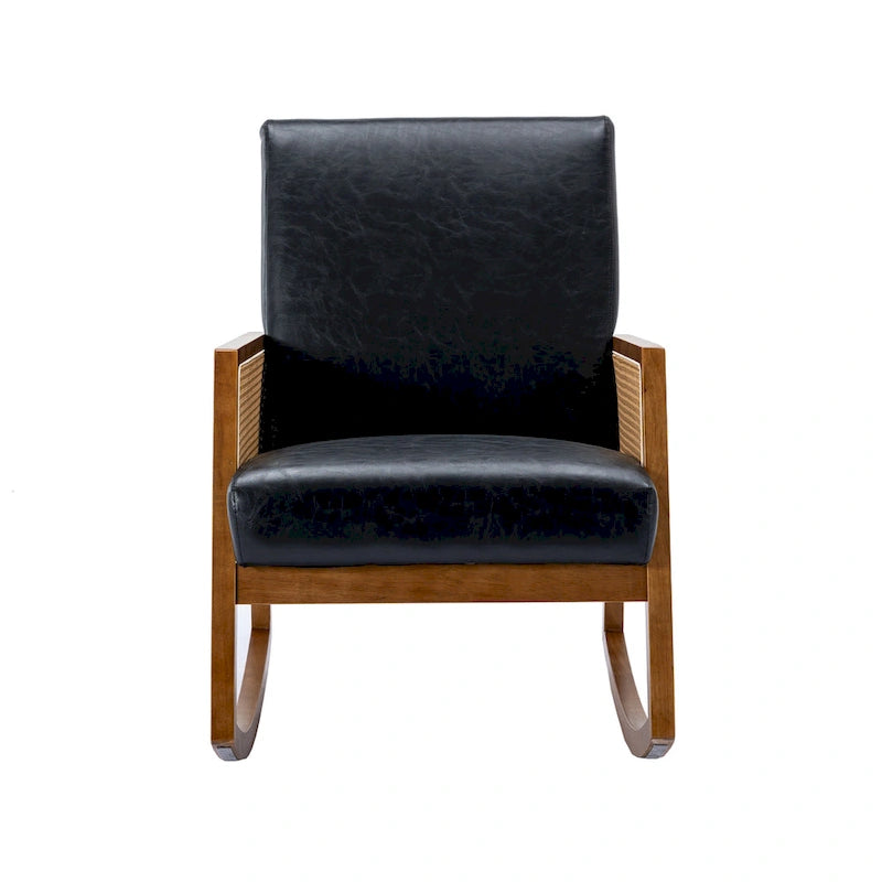 Fauteuil à bascule moderne en cuir PU avec accoudoirs en rotin