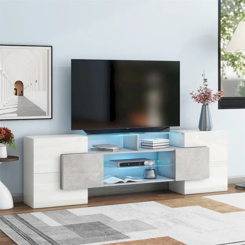 Meuble TV avec étagères en verre éclairées à deux niveaux, adapté aux téléviseurs jusqu'à 80 pouces