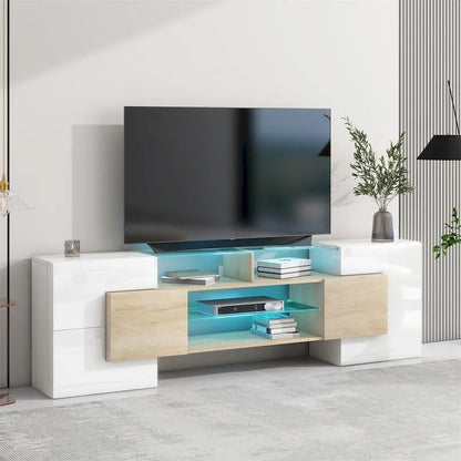 Meuble TV avec étagères en verre éclairées à deux niveaux, adapté aux téléviseurs jusqu'à 80 pouces