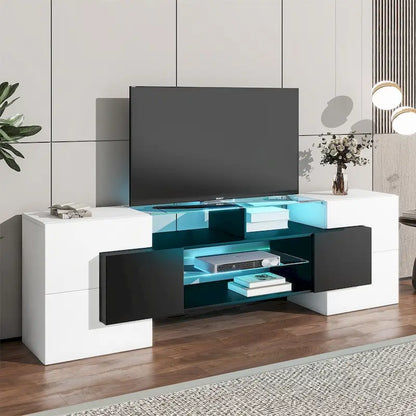 Meuble TV avec étagères en verre éclairées à deux niveaux, adapté aux téléviseurs jusqu'à 80 pouces