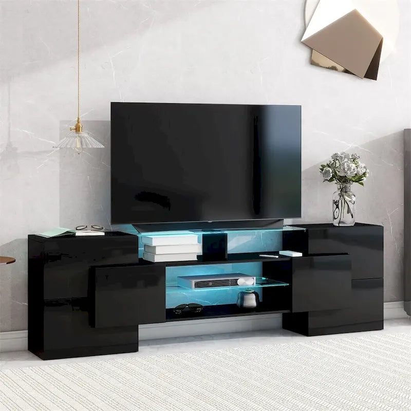 Meuble TV avec étagères en verre éclairées à deux niveaux, adapté aux téléviseurs jusqu'à 80 pouces
