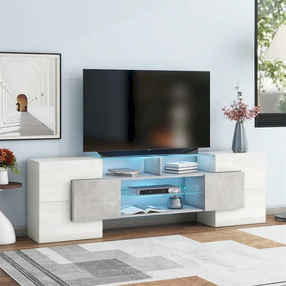 Meuble TV avec étagères en verre éclairées à deux niveaux, adapté aux téléviseurs jusqu'à 80 pouces