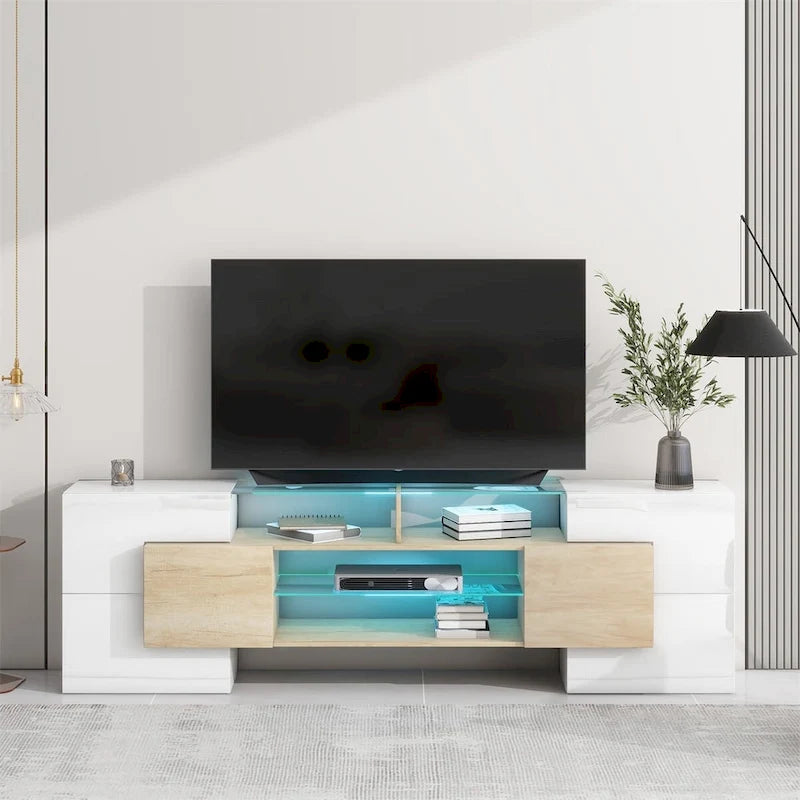 Meuble TV avec étagères en verre éclairées à deux niveaux, adapté aux téléviseurs jusqu'à 80 pouces