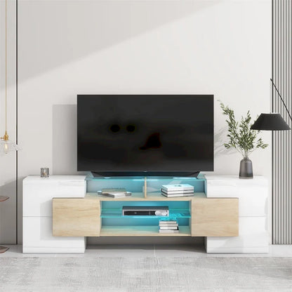 Meuble TV avec étagères en verre éclairées à deux niveaux, adapté aux téléviseurs jusqu'à 80 pouces