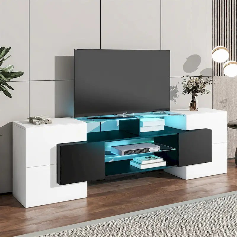 Meuble TV avec étagères en verre éclairées à deux niveaux, adapté aux téléviseurs jusqu'à 80 pouces