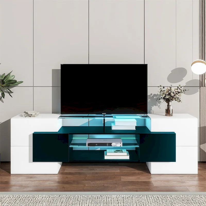 Meuble TV avec étagères en verre éclairées à deux niveaux, adapté aux téléviseurs jusqu'à 80 pouces
