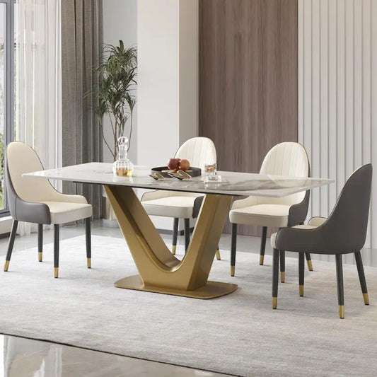 Table à manger moderne en marbre avec piédestal en V, table de cuisine en ardoise