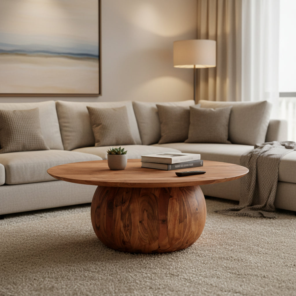 Aurelle Home Modern Solid Acacia Wood Round Base Coffee Table
