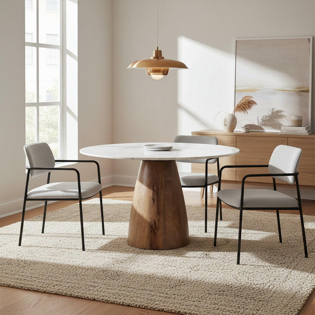 Allyson 48 Round Medium Brown w/ White Marble Pedestal Dining Table - 48.0L x 48.0W x 30.0H