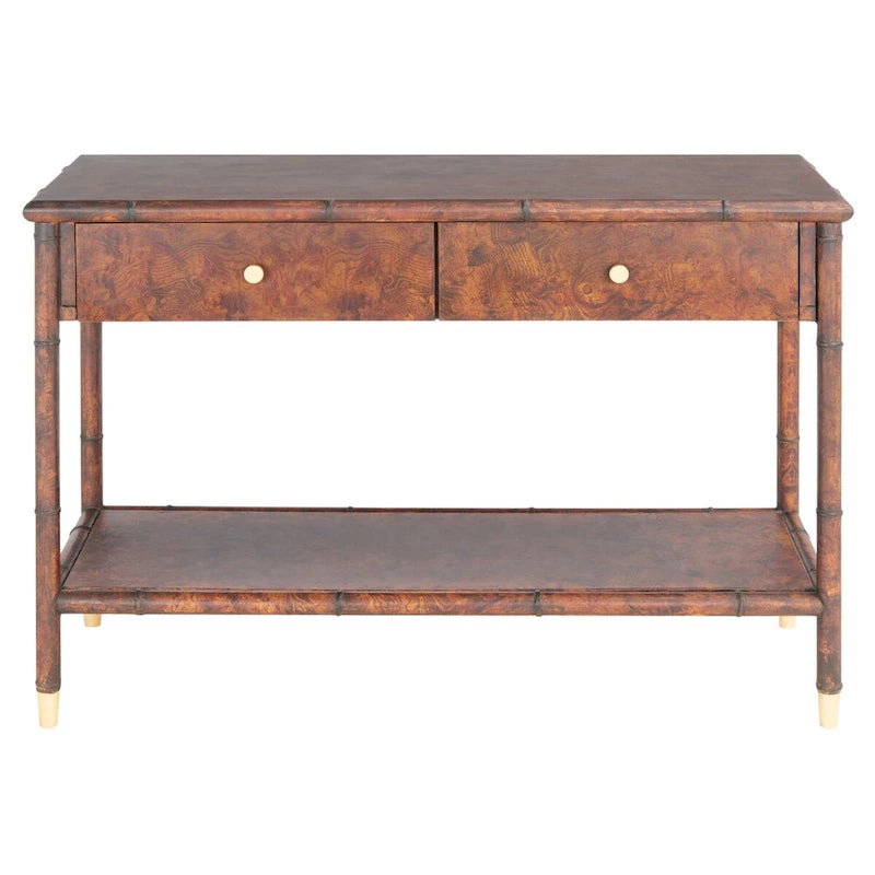 Console avec 2 tiroirs et 1 étagère brun foncé/doré - 42 L x 15,8 P x 29 H - 42Lx16Px29H