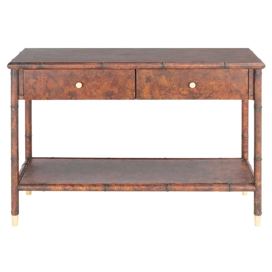Console avec 2 tiroirs et 1 étagère brun foncé/doré - 42 L x 15,8 P x 29 H - 42Lx16Px29H