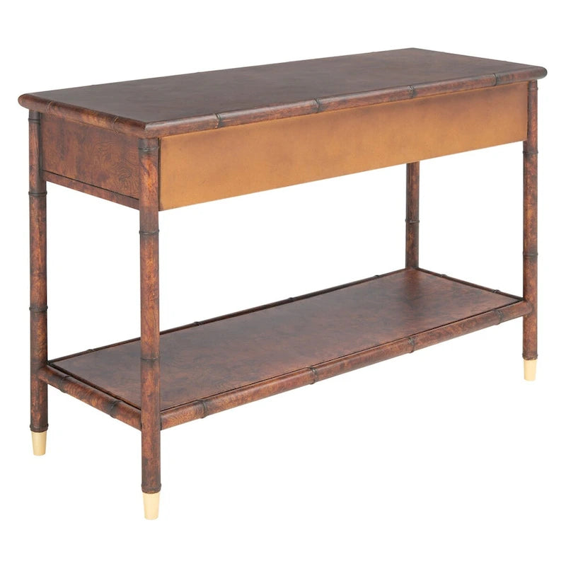 Console avec 2 tiroirs et 1 étagère brun foncé/doré - 42 L x 15,8 P x 29 H - 42Lx16Px29H