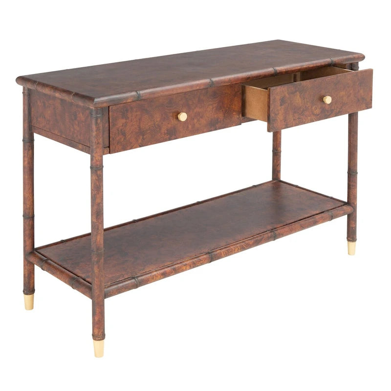 Console avec 2 tiroirs et 1 étagère brun foncé/doré - 42 L x 15,8 P x 29 H - 42Lx16Px29H