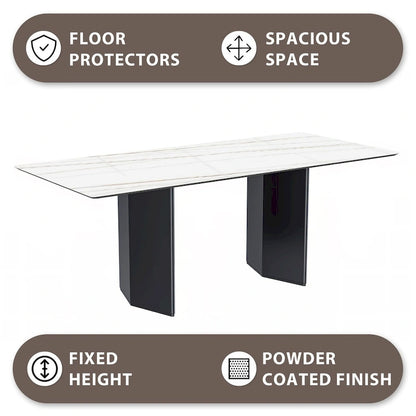 Table à manger rectangulaire avec plateau en verre/pierre frittée et piètement en acier