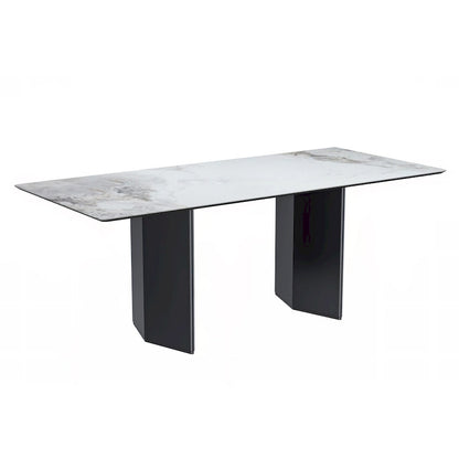 Table à manger rectangulaire avec plateau en verre/pierre frittée et piètement en acier