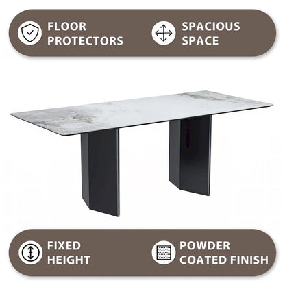 Table à manger rectangulaire avec plateau en verre/pierre frittée et piètement en acier