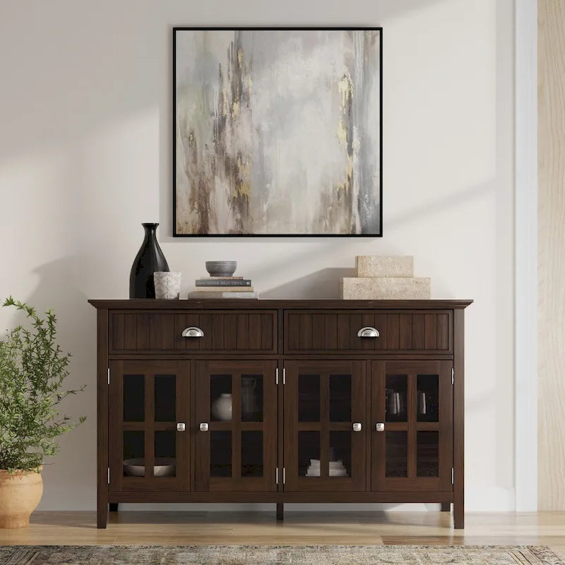 Buffet de style transitionnel en bois massif, 152 cm de large, couleur brun foncé