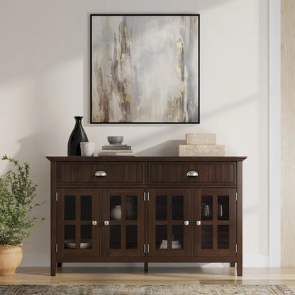 Buffet de style transitionnel en bois massif, 152 cm de large, couleur brun foncé