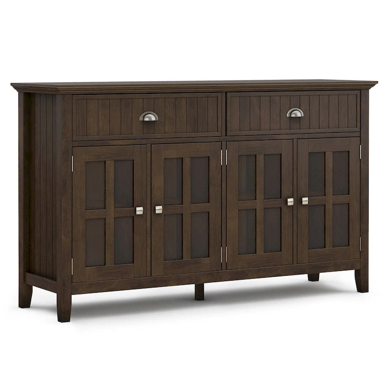 Buffet de style transitionnel en bois massif, 152 cm de large, couleur brun foncé