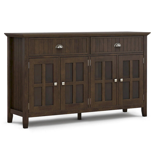 Buffet de style transitionnel en bois massif, 152 cm de large, couleur brun foncé