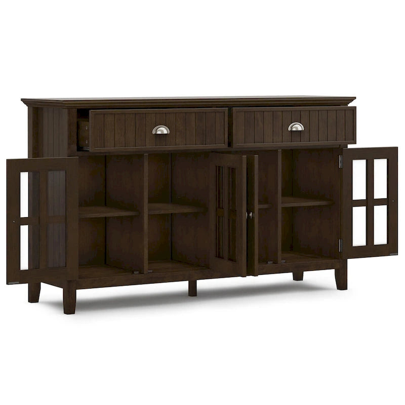 Buffet de style transitionnel en bois massif, 152 cm de large, couleur brun foncé