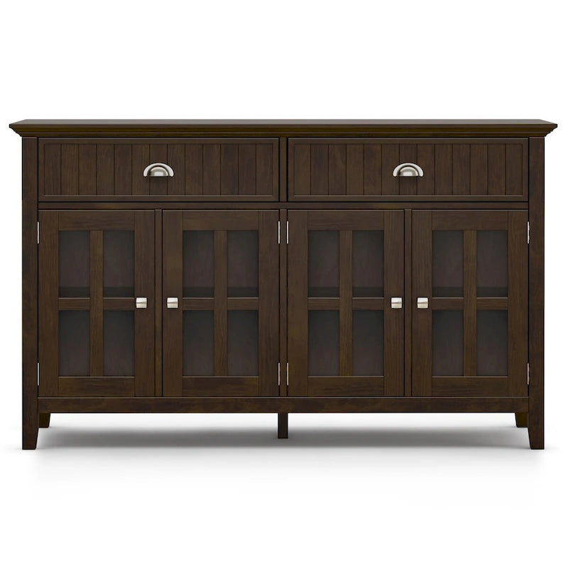 Buffet de style transitionnel en bois massif, 152 cm de large, couleur brun foncé