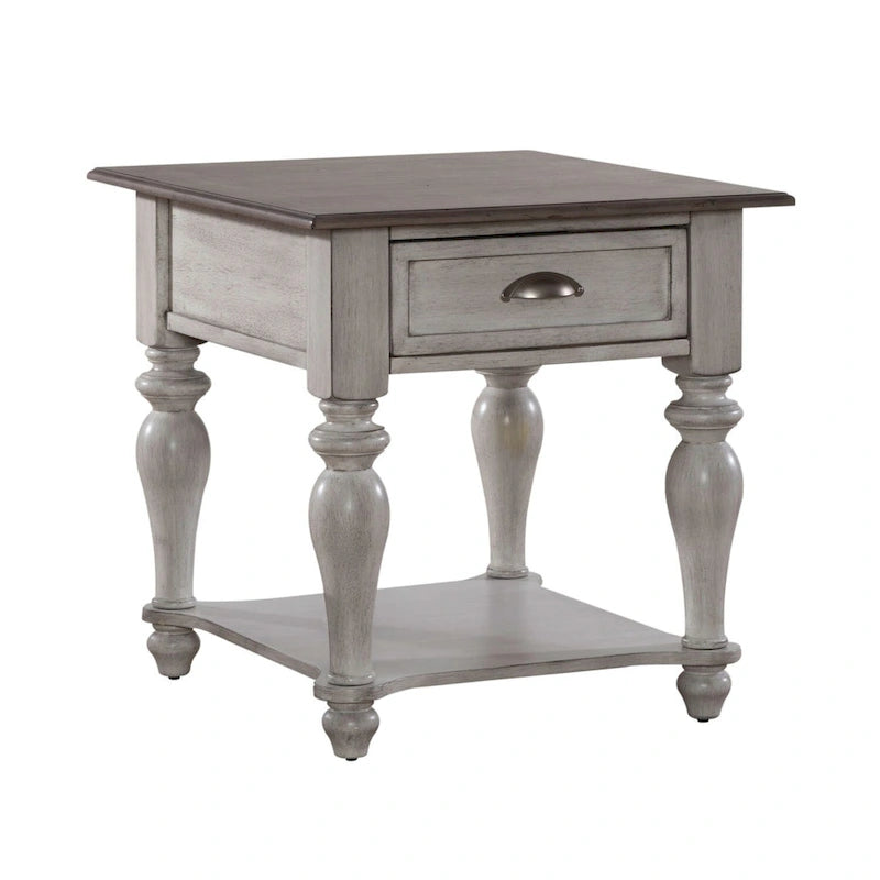 Table d'appoint avec tiroir en pin vieilli et blanc antique