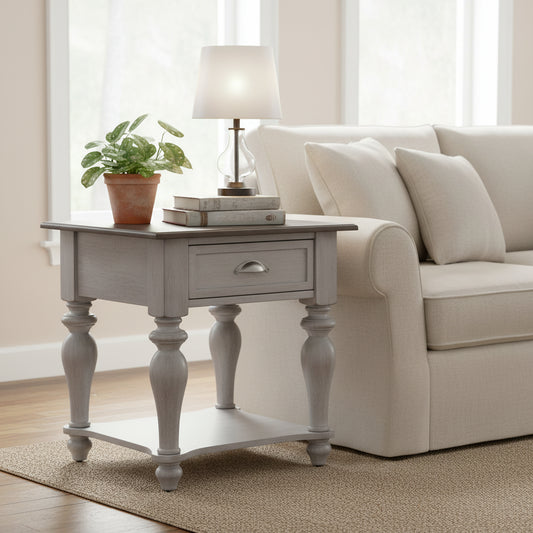 Table d'appoint avec tiroir en pin vieilli et blanc antique