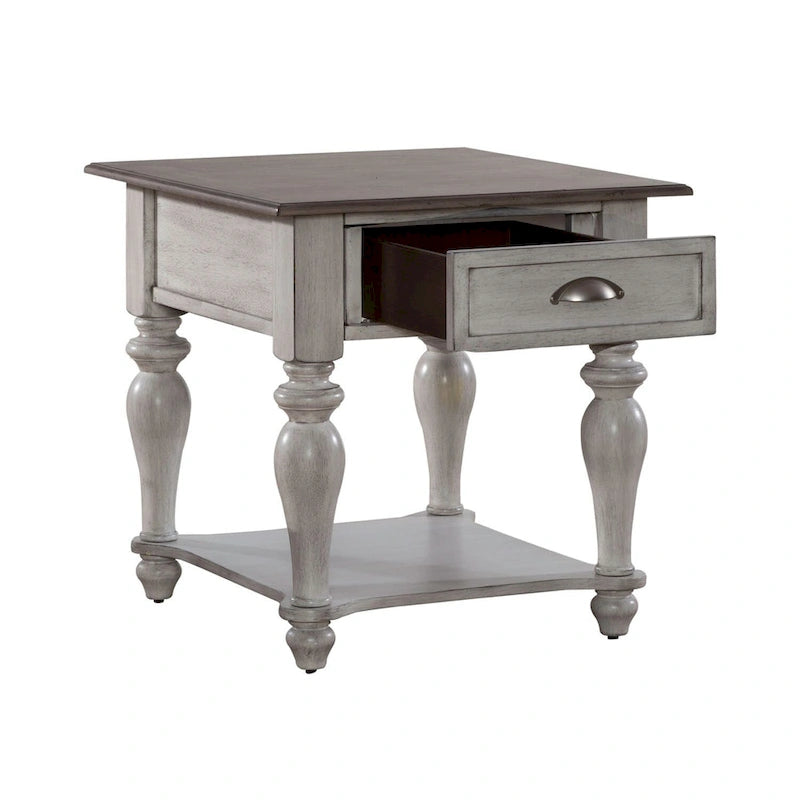 Table d'appoint avec tiroir en pin vieilli et blanc antique